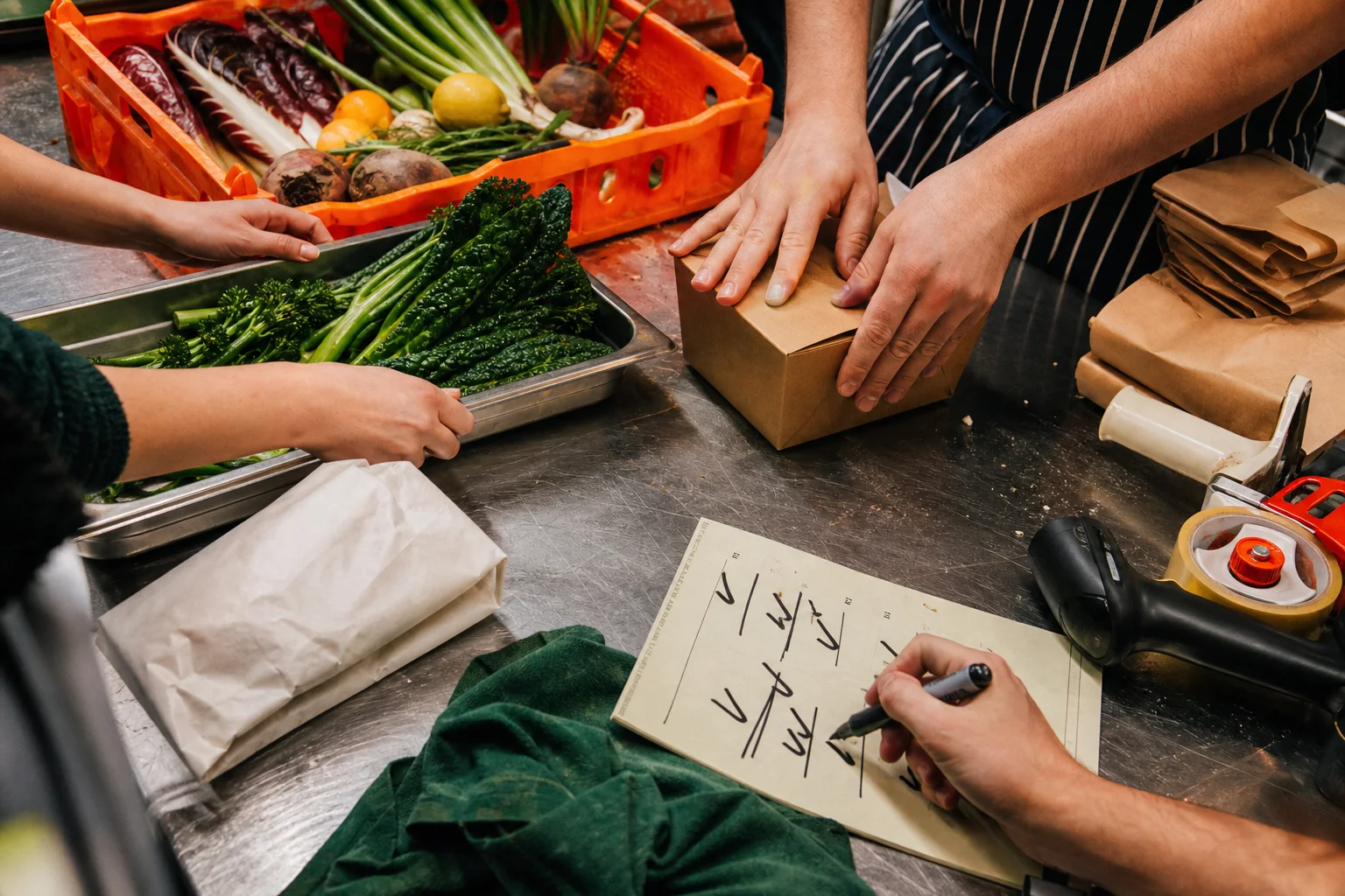 Food orders being prepared, checked and packed at a working dispatch table